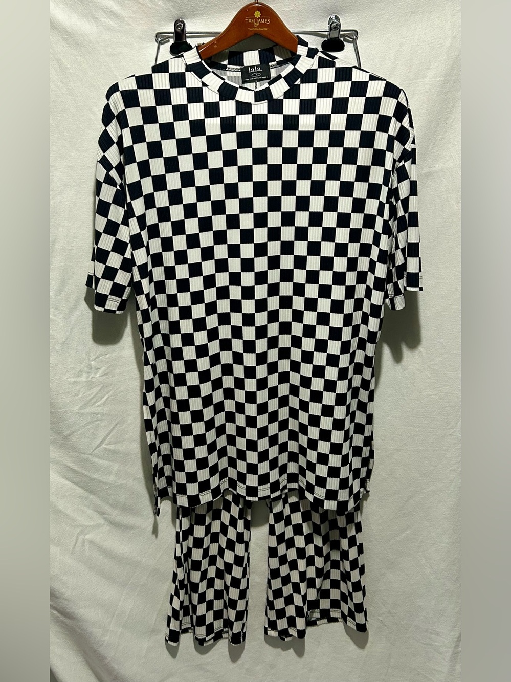 Dressed in Lala Lex Ribbed Checkerboard Two-Piece Set Black White Small - Picture 2 of 11